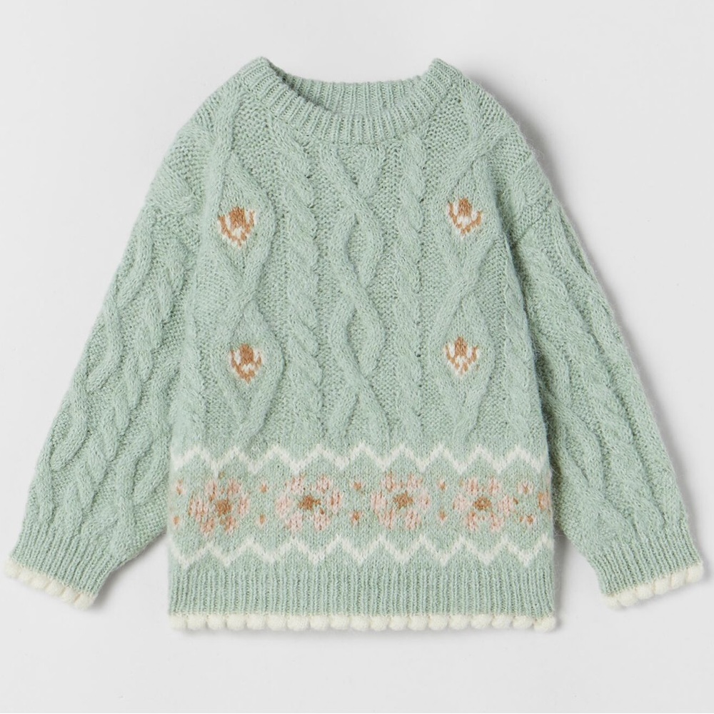ZARA Kids | Sea Green | Jacquard Cable Knit Sweater 3/4yr